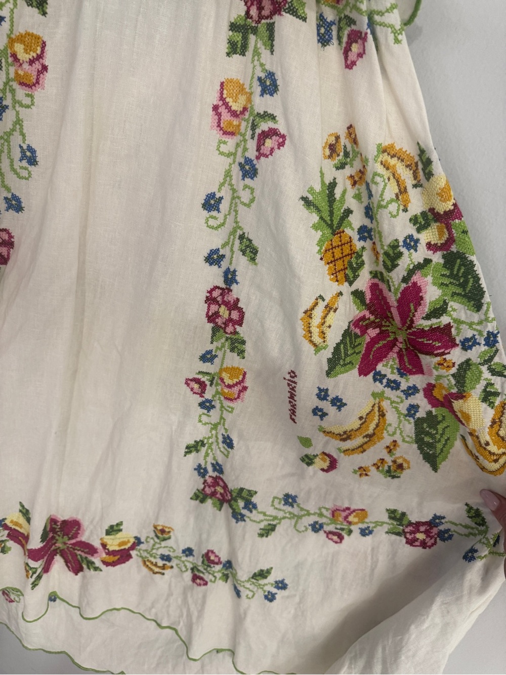 Farm Rio Tropical Romance Ivory Embroidered Floral Cutout Dress with Green Trim - Picture 5 of 6